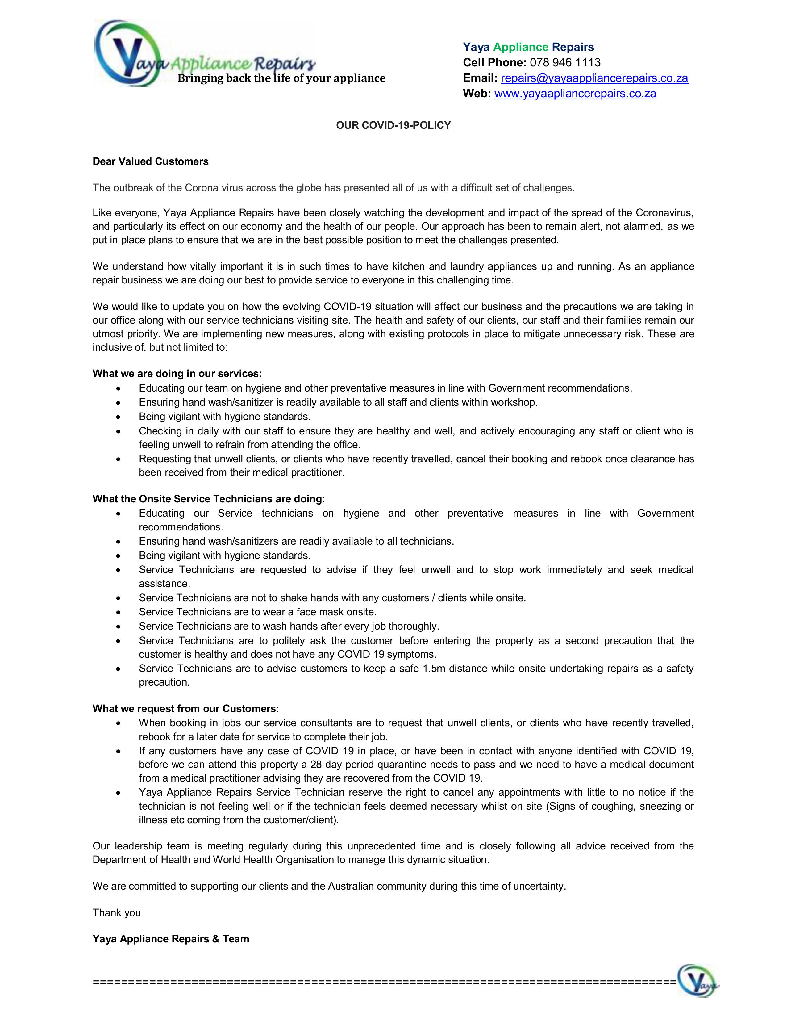 OUR COVID-19 POLICY OUR COVID-19 POLICY